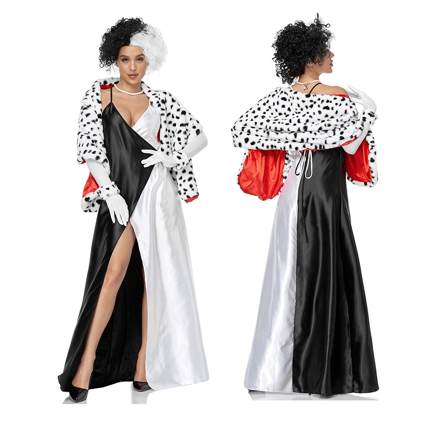 Cruella 101 Dalmatians Dress Skirt Cloak Halloween Costumes For Woman Adult Witch Cruella 3253