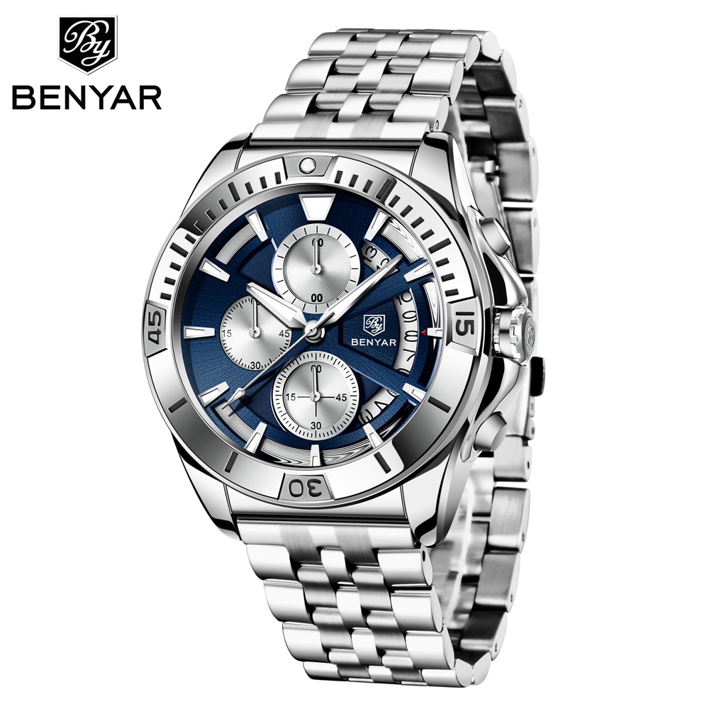 Benyar Stainless Steel Watch For Men Waterproof Hardlex Glass Leather Rubber Chronograph Quartz