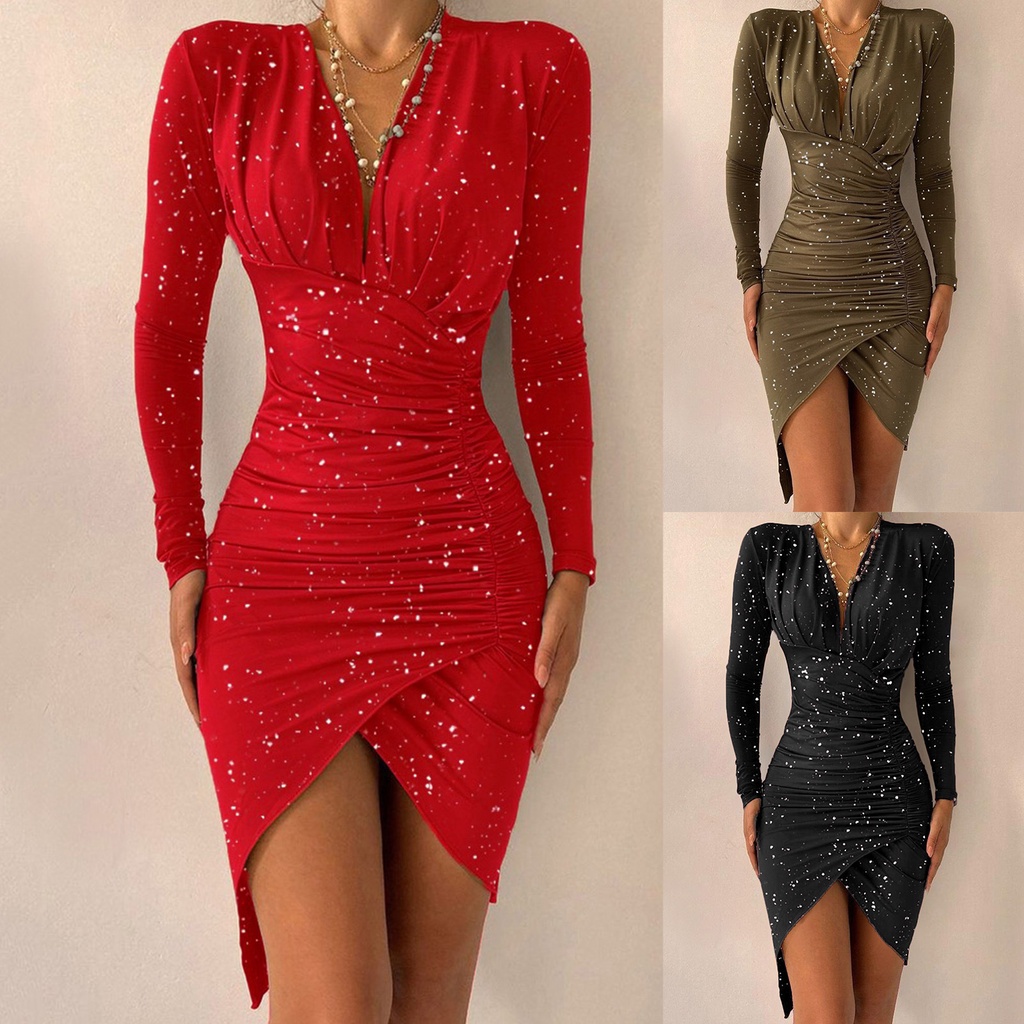 Women's Deep V Neck Shiny Bodycon Party Dresses Bright Long Sleeve Mini