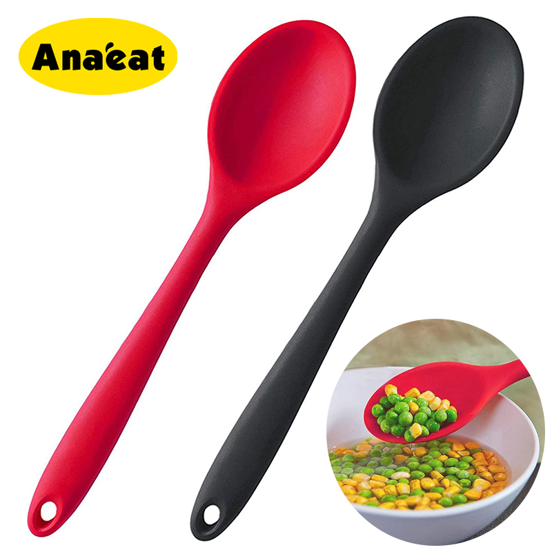 ANAEAT 1pc Silicone Long Handle Spoon High Grade Mixing Ladle Cooking Kitchen Soup Spoons