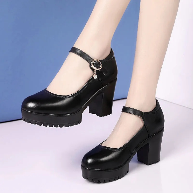Capomos black leather shoes chunky heels thick bottom cheongsam shoes ...