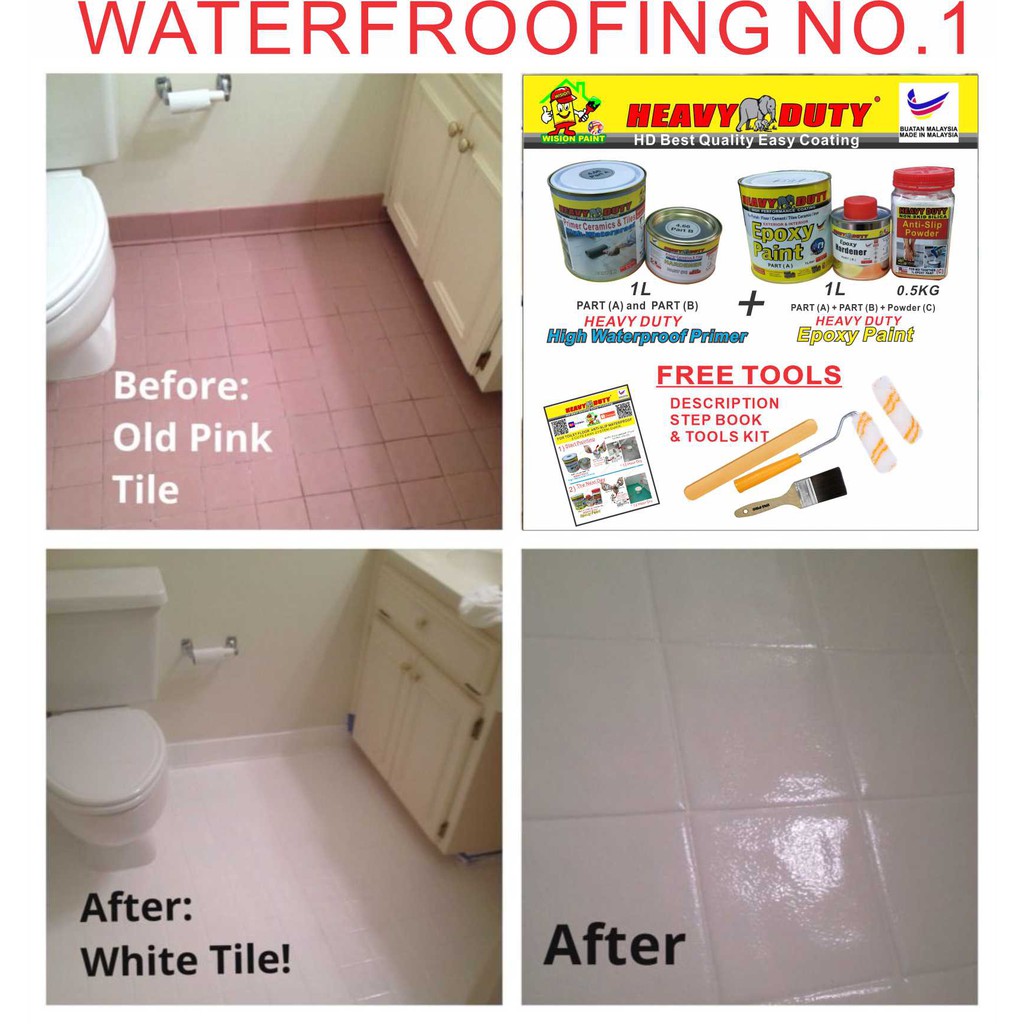 FULL SET Epoxy Floor Coating ( FREE Tool Set ) Heavy Duty 1L PRIMER WATERPROOF + 1L EPOXY PAINT