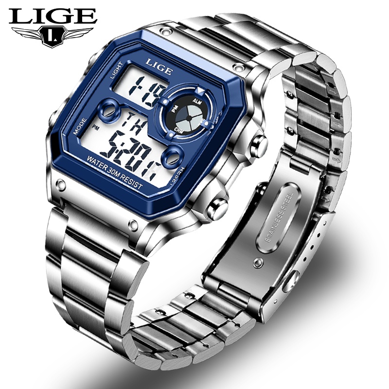 LIGE Official Watch For Men Fashion Quartz Digital Waterproof Stainless