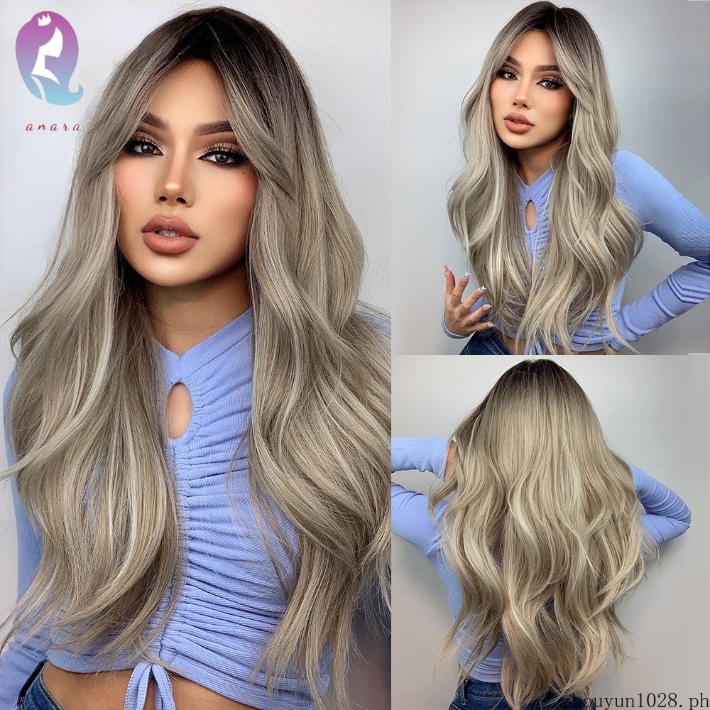 wig for woman Long wavy curly bangs wig Gradient silver gray full head