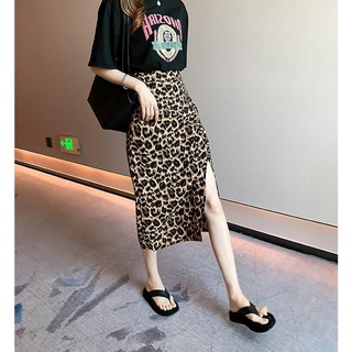 Slit leopard print skirt women new high waist slim mid length