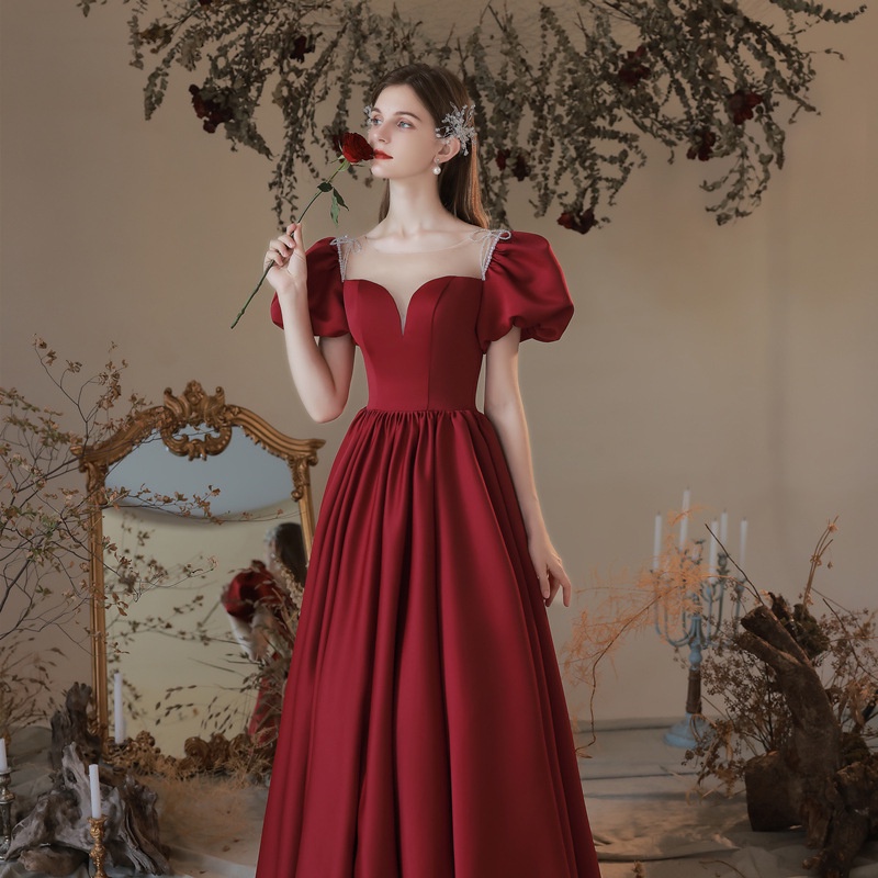 Burgundy Satin Engagement Evening Dresses Women Tulle O-Neck Puff