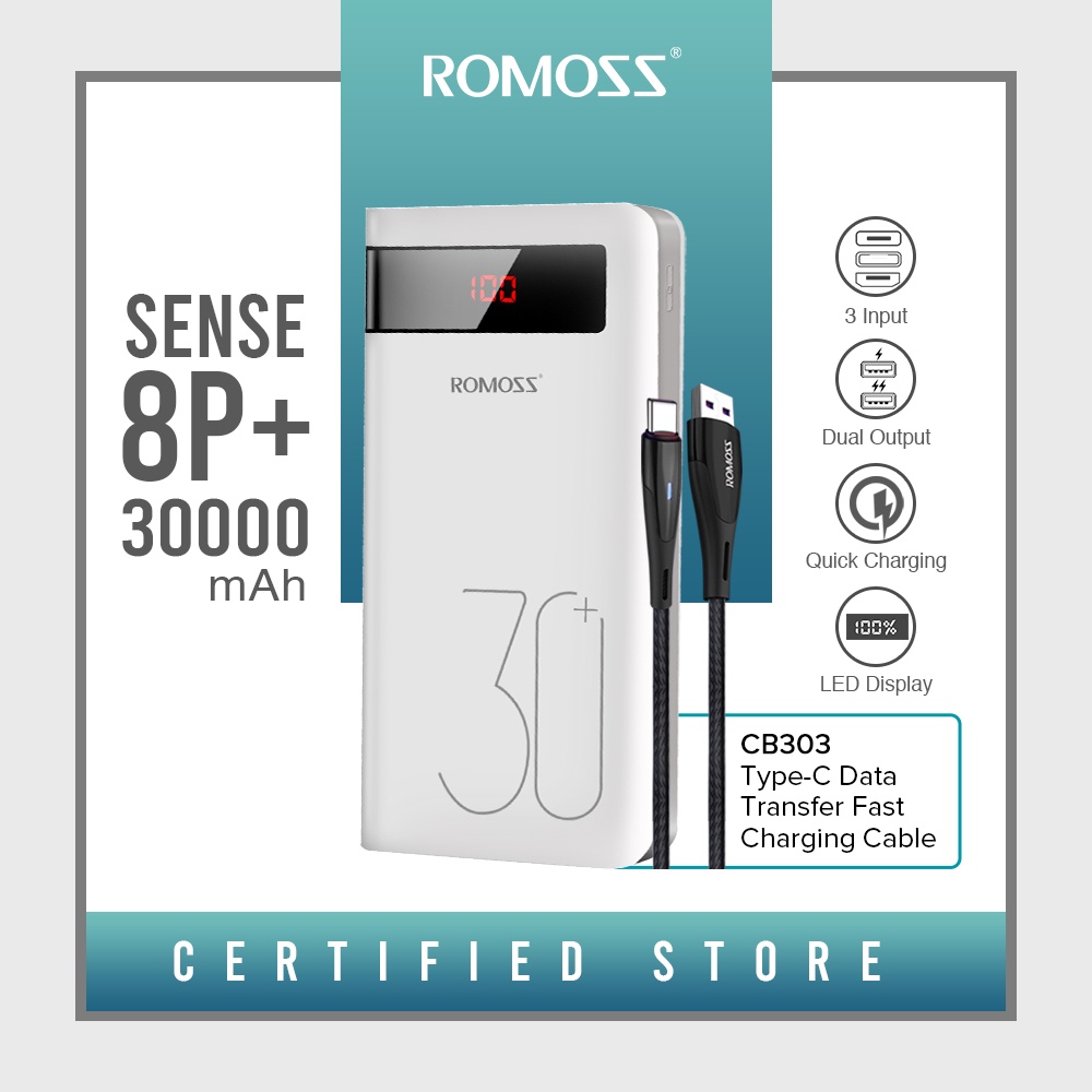Romoss Sense 8P Plus 30000mAh 18W Fast Charge Type-C PD, 2 Outputs & 3 ...