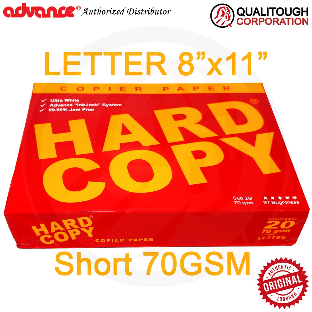 SHORT Advance Hardcopy Copy Paper Subs 20 (70GSM) Letter 8.5" X 11 ...