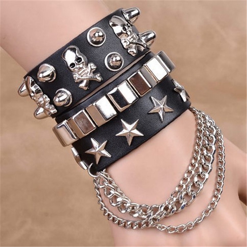 Black Leather Wristband Bracelet Cuff goth gothic punk bracelets women