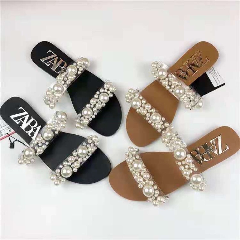 Zara White Pearl Flat Slippers Two Strap Shopee Philippines