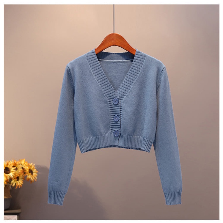 [Adults] Comfortable V-Neck Crop Top Cardigan for Women Long Sleeves  Winter Knit Knitted Sweater