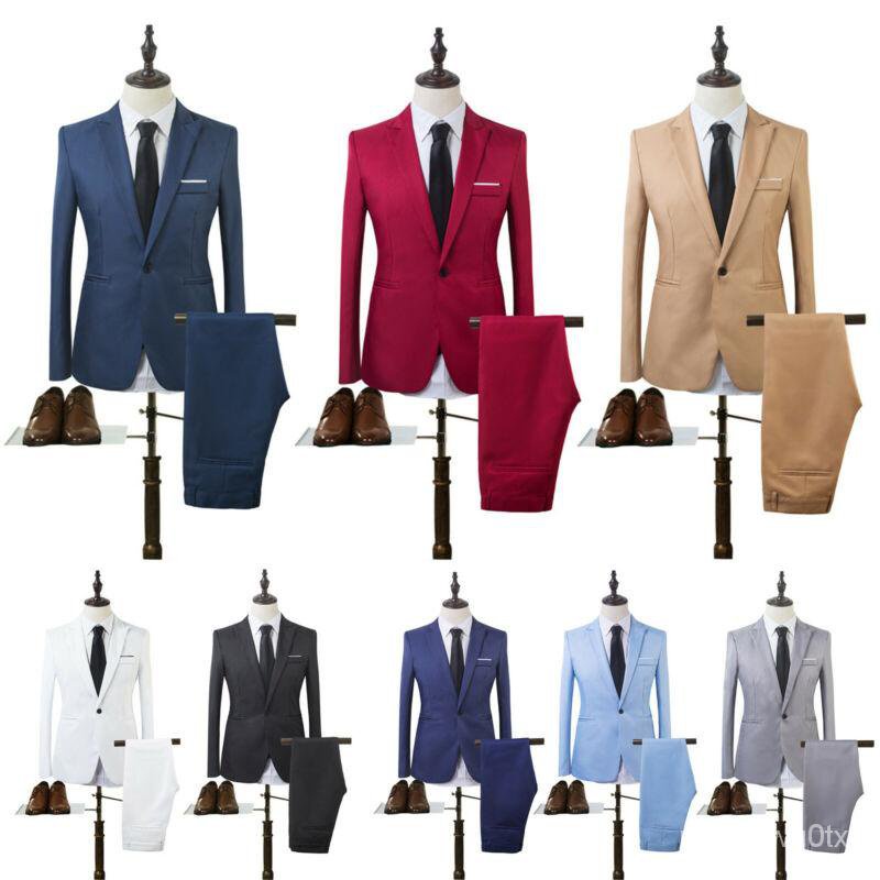 Lowest price】COD Men Business Slim Blazer Suit Tuxedo Coat Formal Wedding  Pants Long Trousers Set