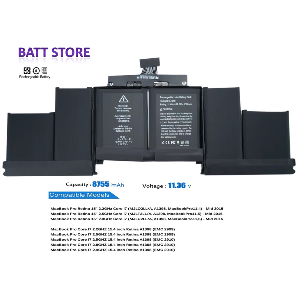 A1618 Laptop Battery for MacBook Pro 15 inch Retina A1398 (Late 2013 ...