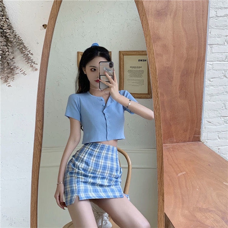 Checkered skirt outfit top korean