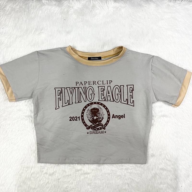 BERSHKA PRINTED TWO TONED COTTON TERRY CROPPED SHIRT Shopee