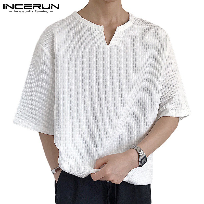 INCERUN Men Fashion V Collar Short Sleeve Solid Color Overiszed T-shirt ...