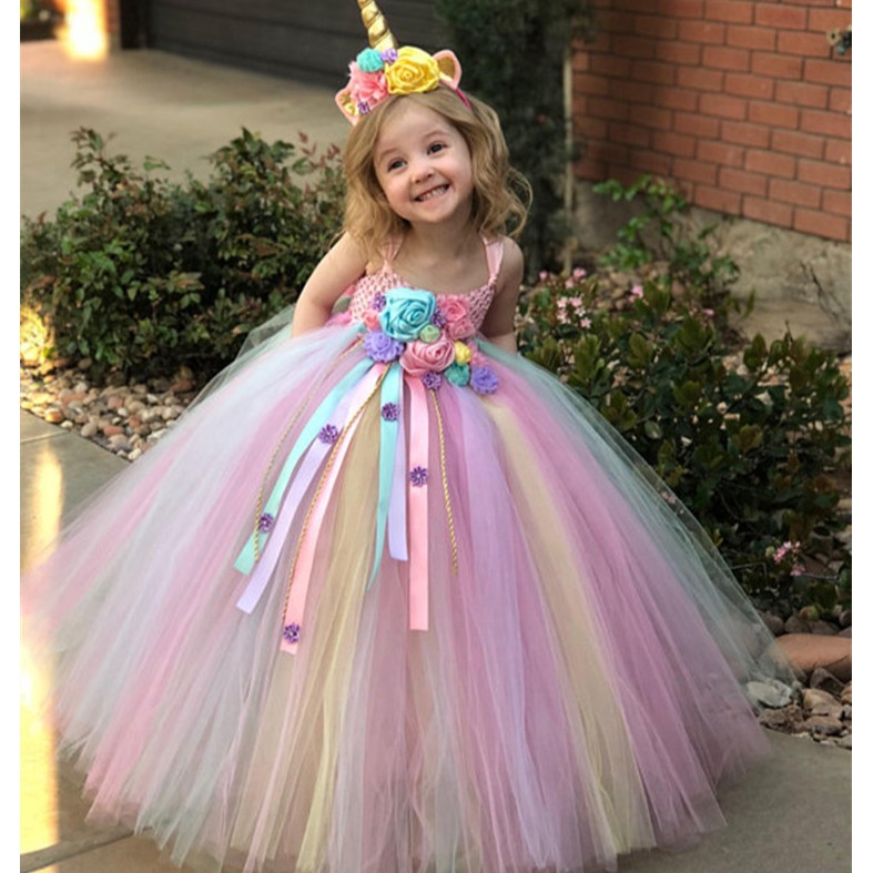 Girls Pastel Unicorn Flower Tutu Dress Kids Crochet Tulle Strap Dress Ball Gown with Daisy Ribbons Children Party Costume Dress Shopee Philippines