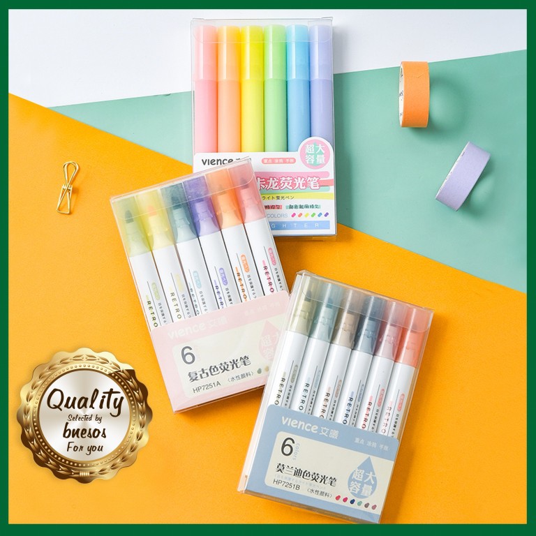 B&e Highlighter Pen Set 6pcs Retro Colors Text Marker Study Notes Kid ...