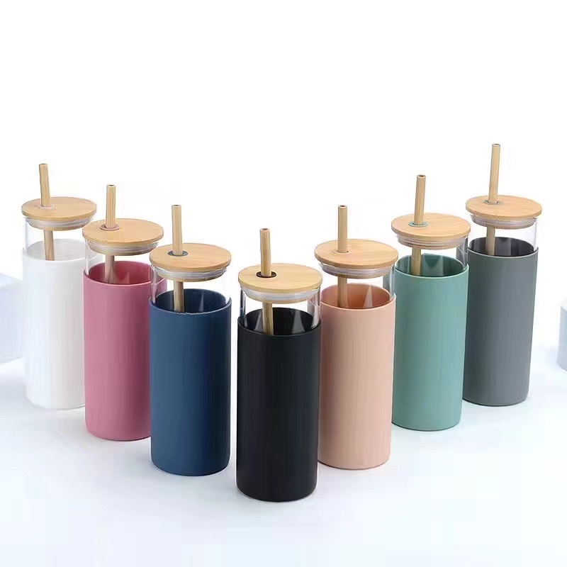 500ml Pastel Color Glass Tumbler Silicon Boot Bamboo Lid & Bamboo Straw ...