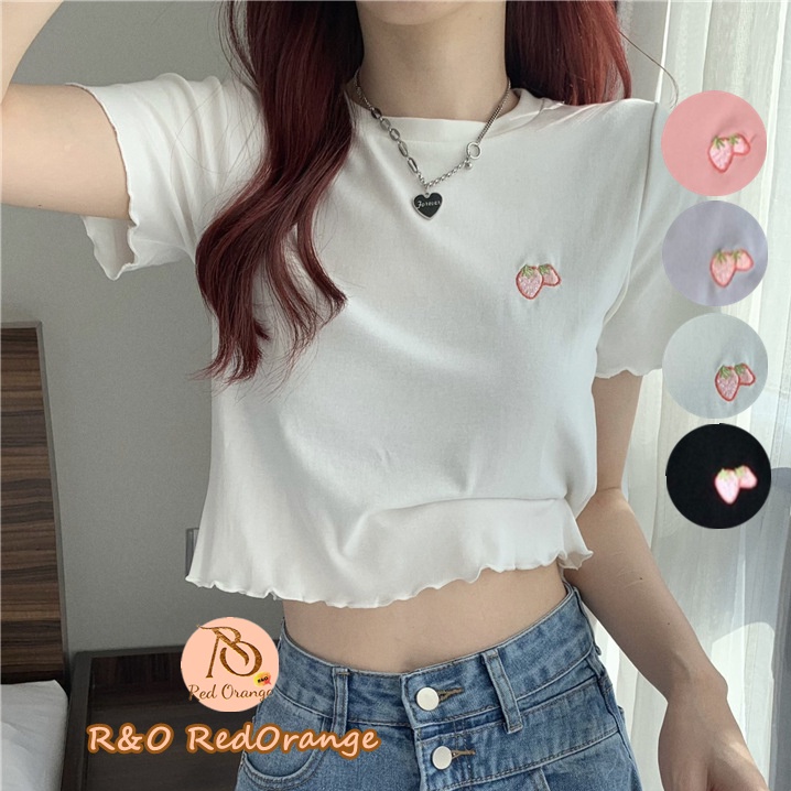 R&O Lettuce Trim Strawberry embroidery Tee Button tshirt Crop Top #6773 ...