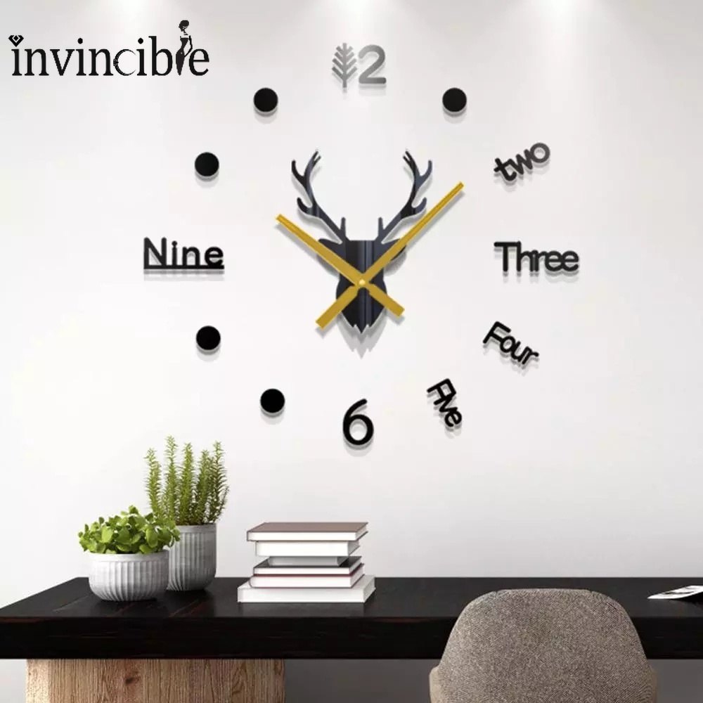 Modern Creative 3D Deer Head Modeling Strong Selfadhesive Wall Clock