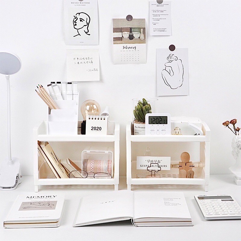Desktop double-layer stationery storage rack dormitory small hollow ...