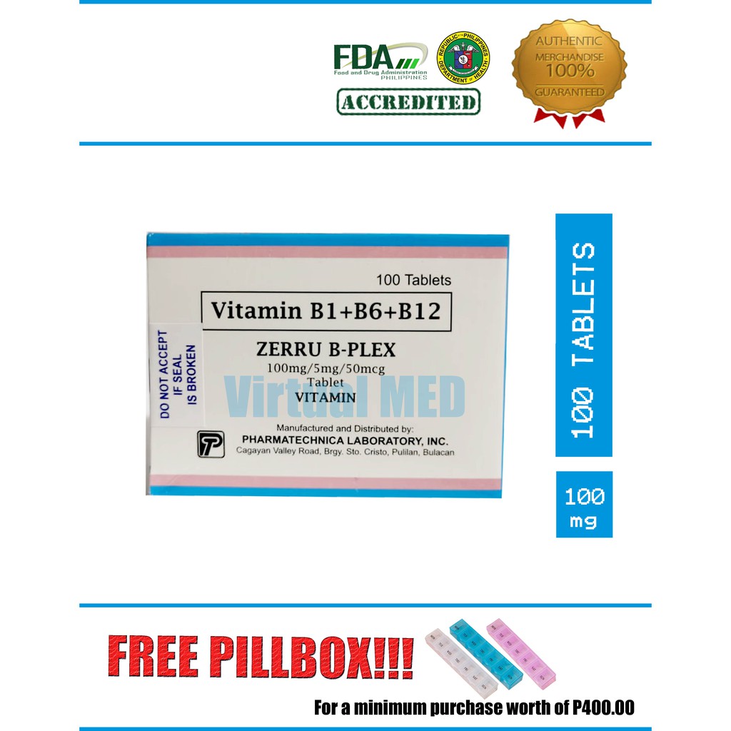 Vitamin B1+B6+B12 100 Tablets (Zerru BPlex 100mg/5mg/50mcg