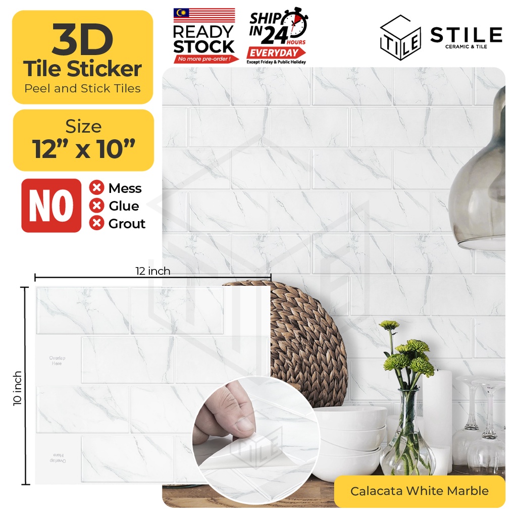 Calacata White Marble 3D Tiles Sticker Kitchen Bathroom Wall Tiles ...