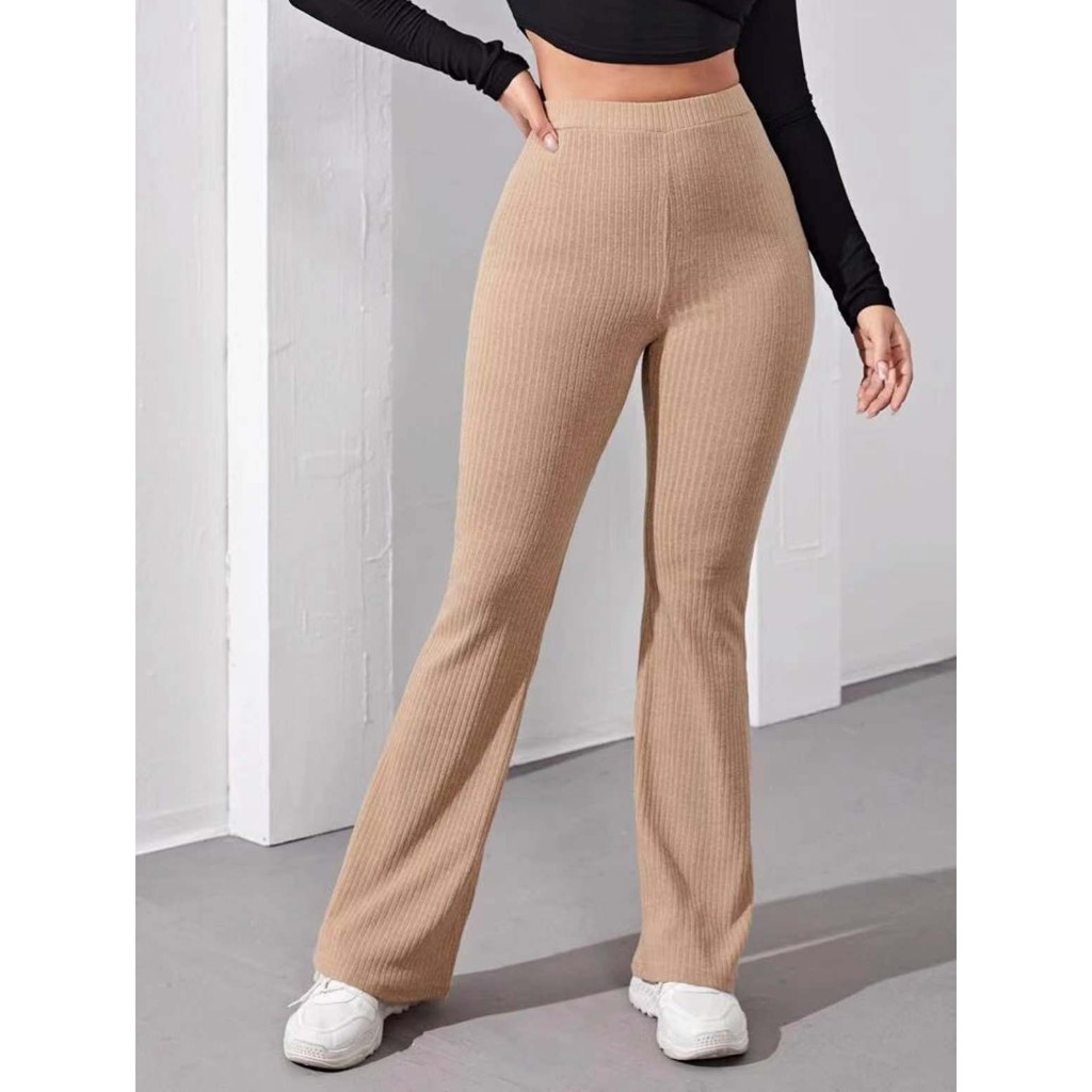 Women High Waist Flare Leg Rib-knit Pants Strecthable(FreeSize S