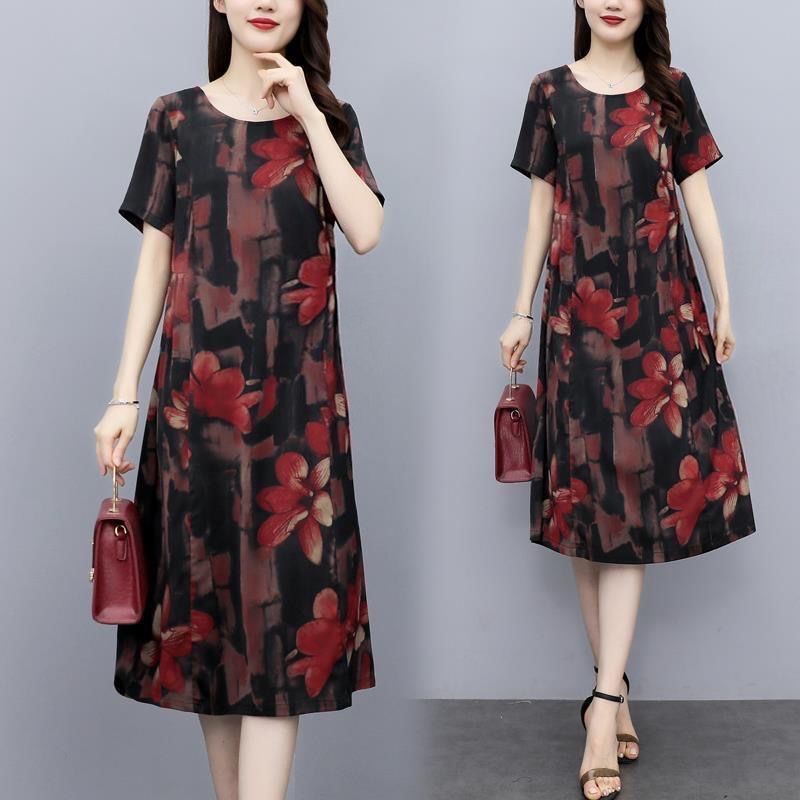 Ice Silk Print Dress Women's Plus Size Loose Mid-length Dress | Shopee ...