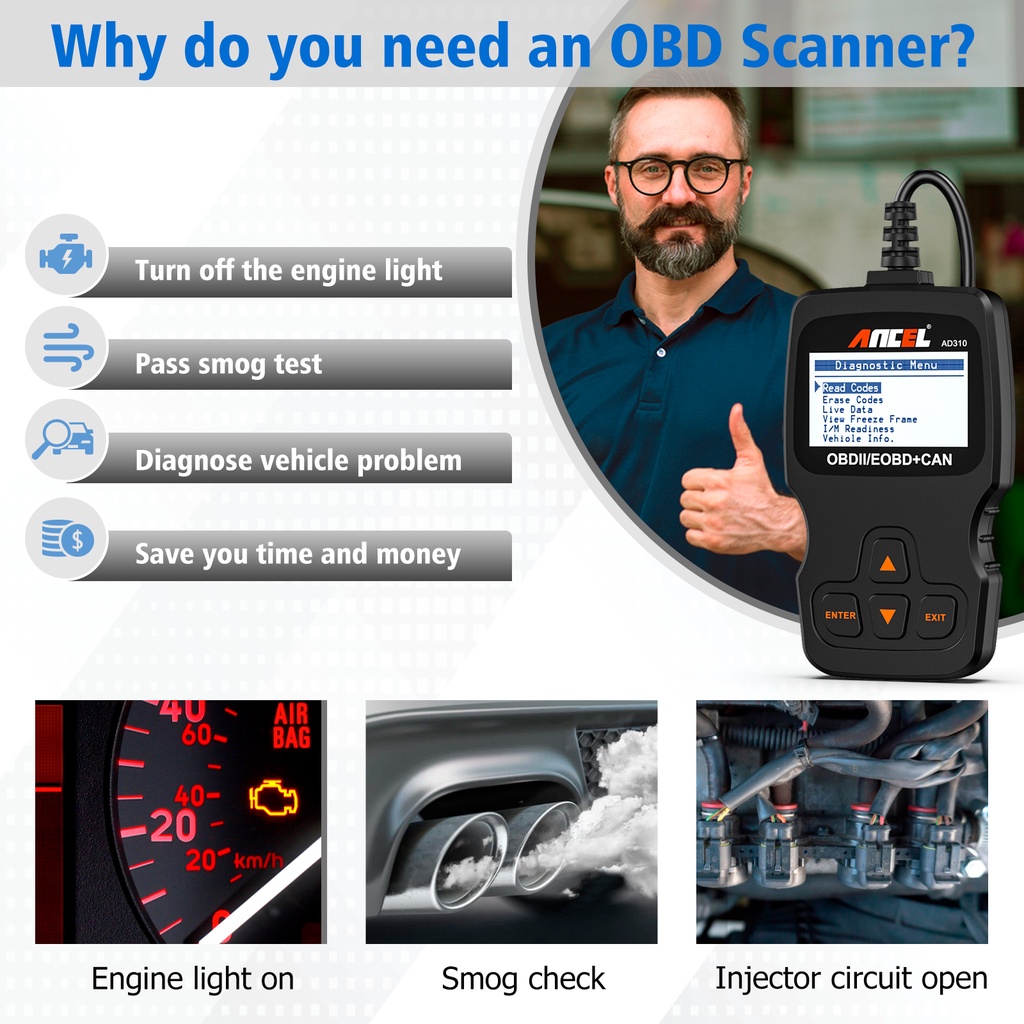 ANCEL AD310 12V Automotive Basic OBD2 Scanner Turn Off Engine Light ...