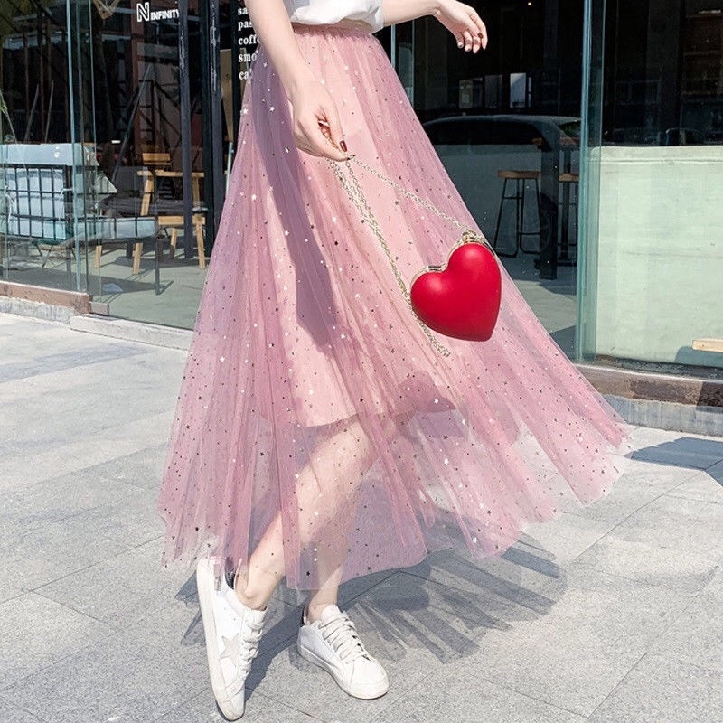 slim fit dress slacks Starry Eyed Sequin Star Mesh Maxi - Black