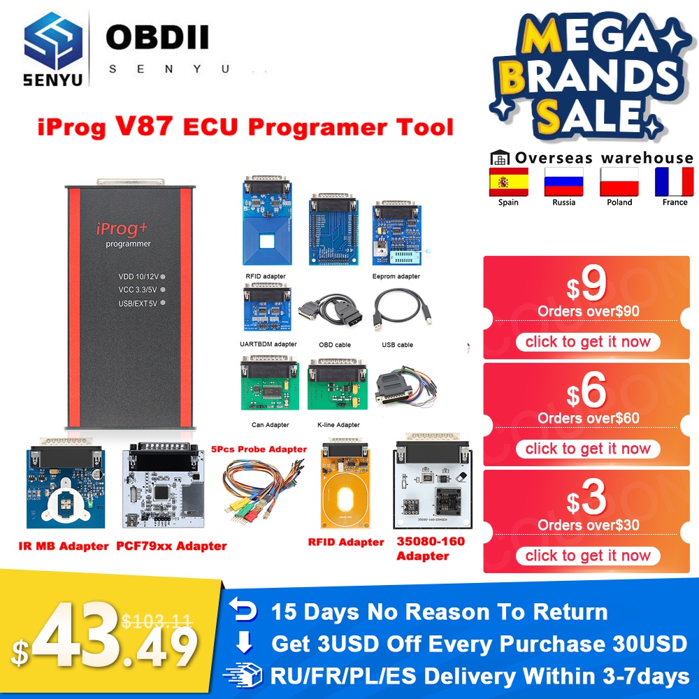 IPROG Pro V87 Full Set ECU Key Programmer Iprog+ Eeprom IMMO Car Radio