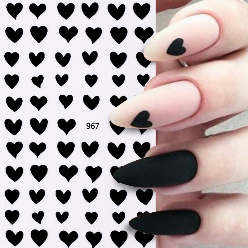 3D Heart Nail Stickers Black White Rose Flower Sliders Love English