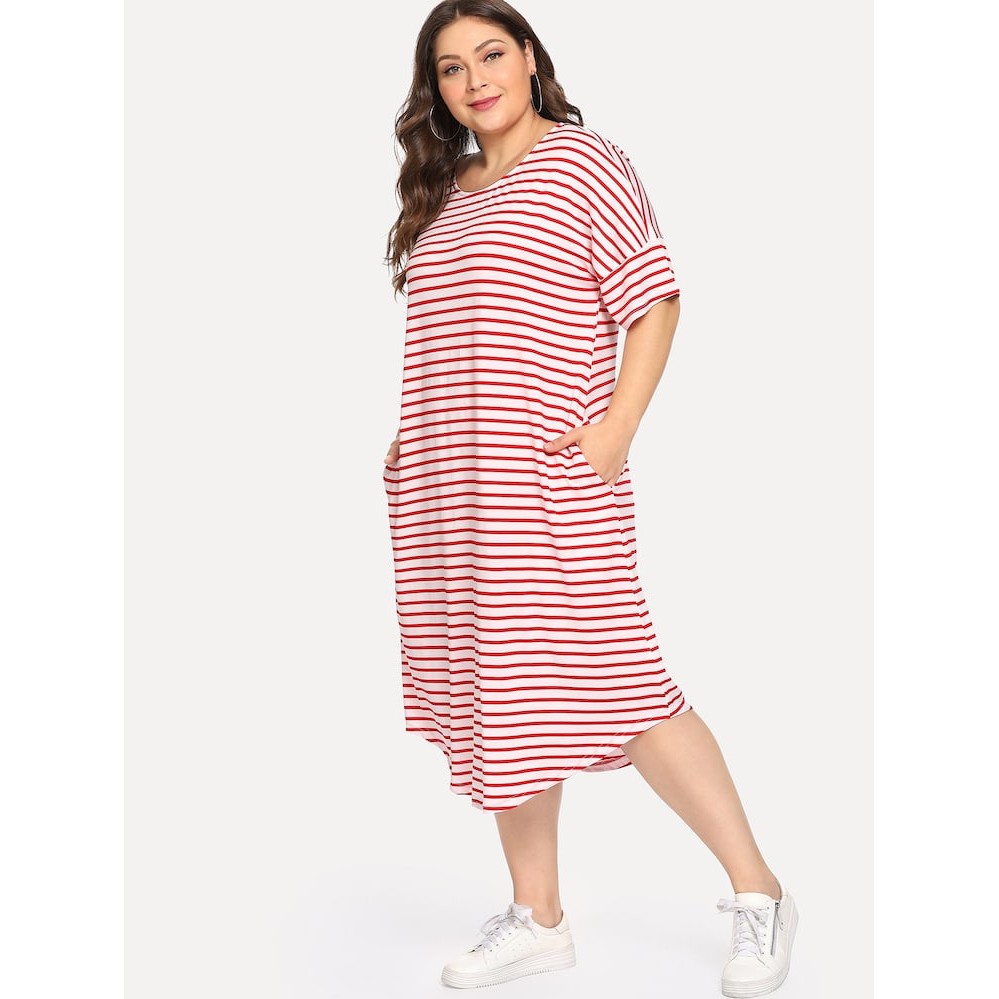 S22 Melody Fashion Striped Pocketed Plus Size Dress | Shopee Philippines