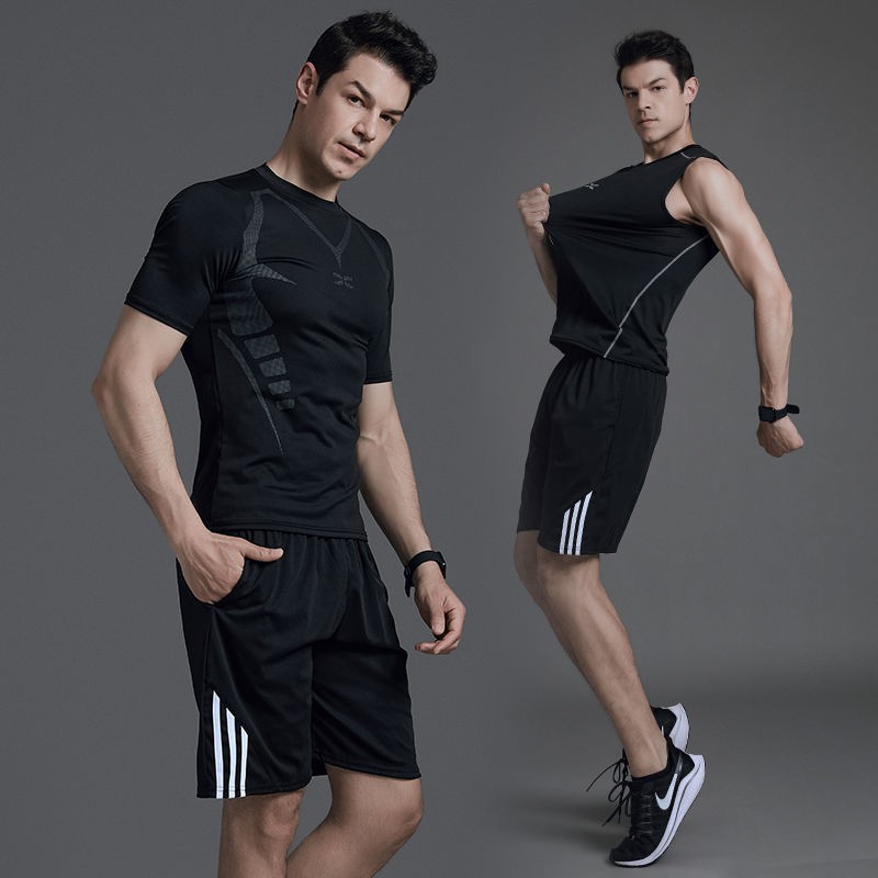 ◐♀Workout clothes suit men running basketball sportswear outfit male  quick-drying to the gym shorts in summer of