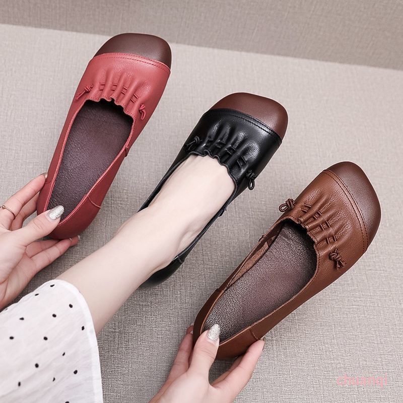Large Size Real Soft Leather Mother Shoes New Low-Cut Shoes Retro Women ...