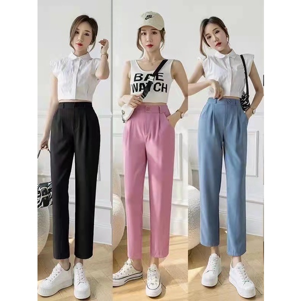 Korean Fashion Highwaist Button Thick Crepe Trousers Office Casual ...