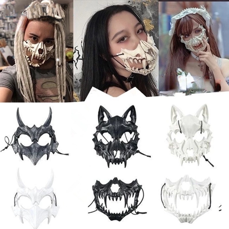 Niche Design Unisex Anime Dragon God Skeleton Half Face Mask Cosplay ...