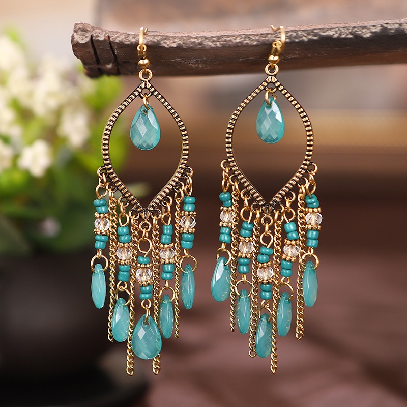 Bohemian Antique Gold Plated Long Water Drop Tassel Earrings for