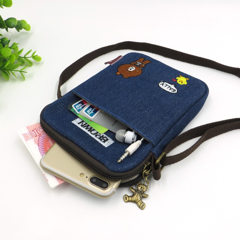 Canvas embroidery cute cartoon cowboy bag mobile phone bag girl fabric  messenger bag zipper zero wallet mobile phone bag