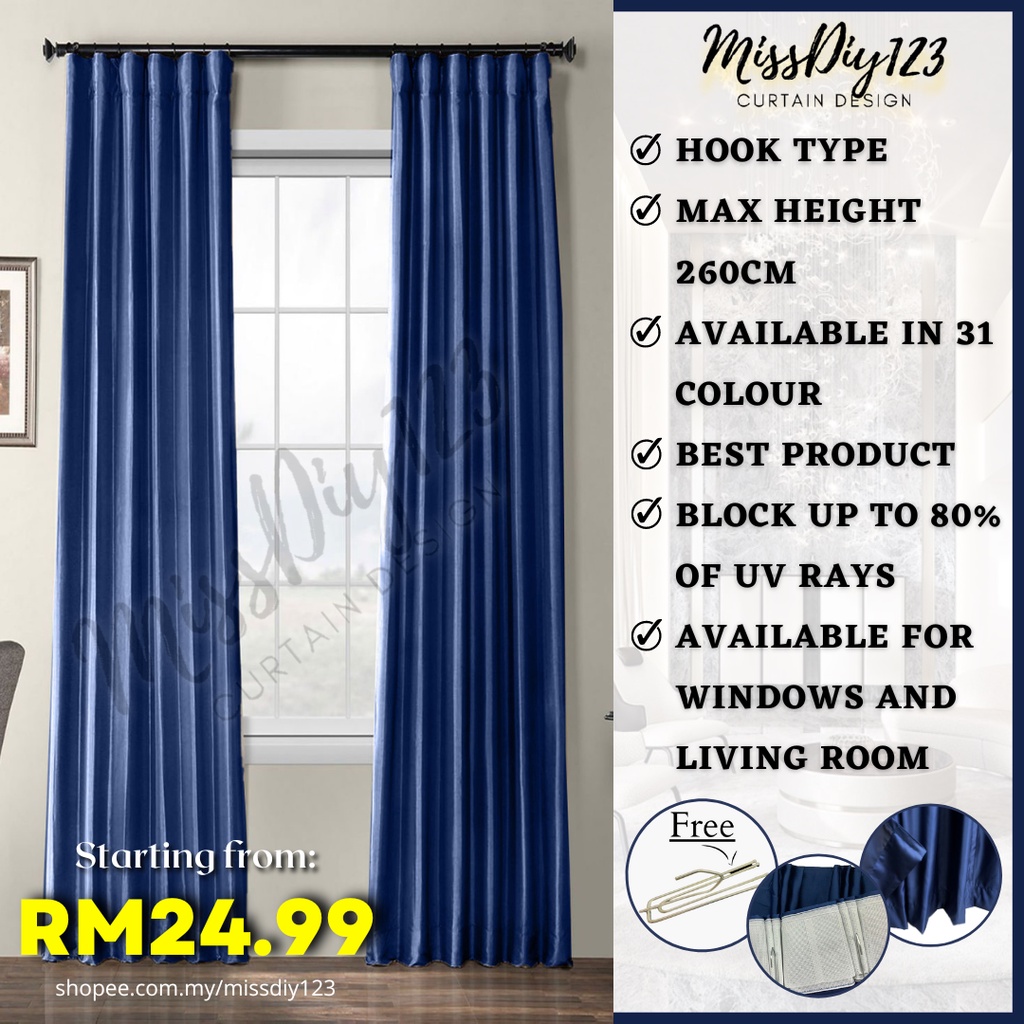 Navy Blue Made Curtain [A11] Ready To Sew Langsir RAYA Thick Fabric ...