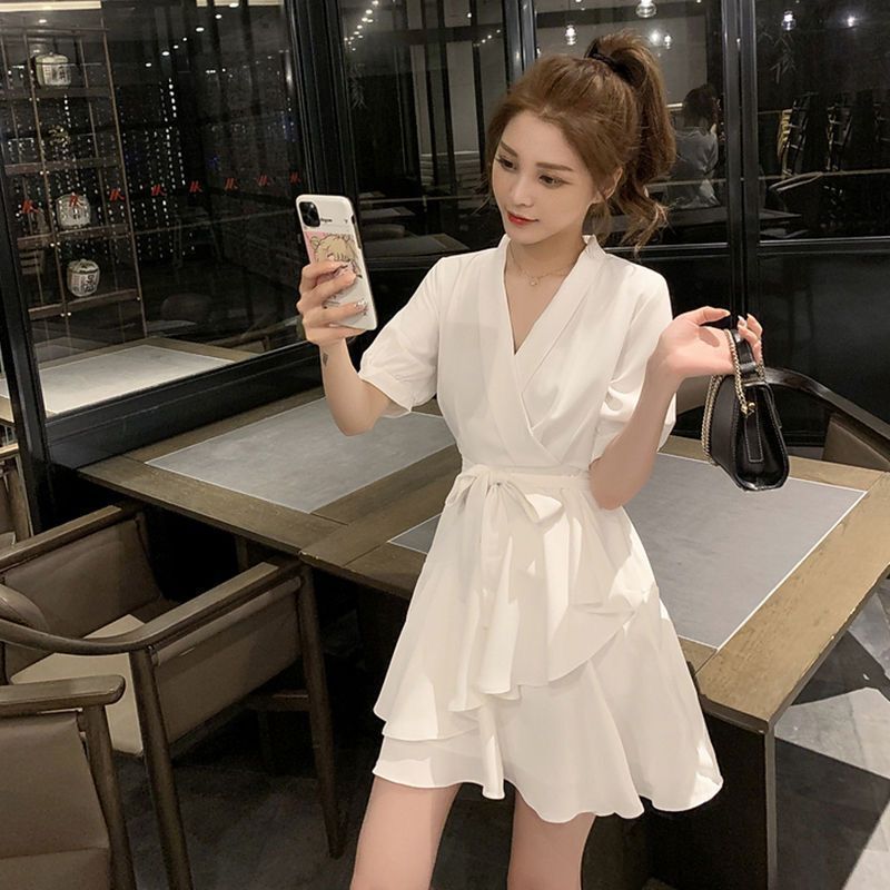 Korean Dress summer women Chiffon Ruffled V neck belt white dress Shopee Philippines