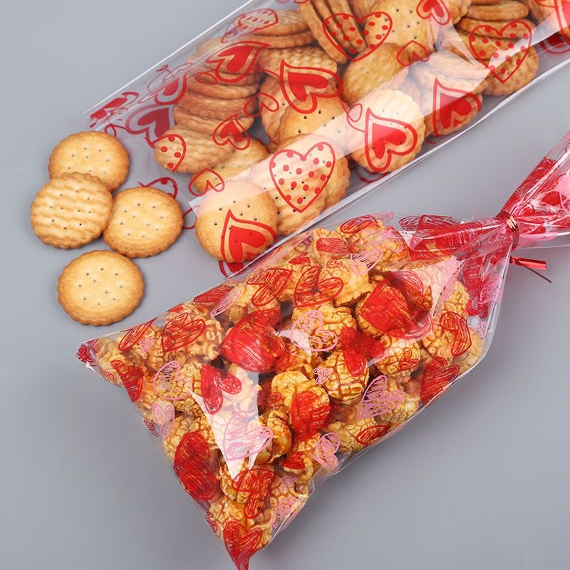 cute printed heart cello bag cookie bag pastry bag food packaging opp plastic food bag Shopee