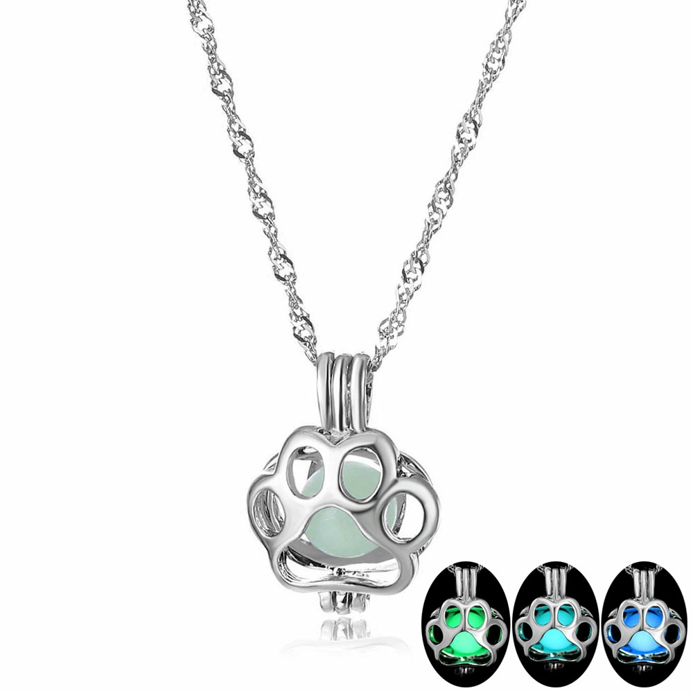 Cute Bear Paw Glowing Stone Necklace Fashion Charm Luminous Pendant ...