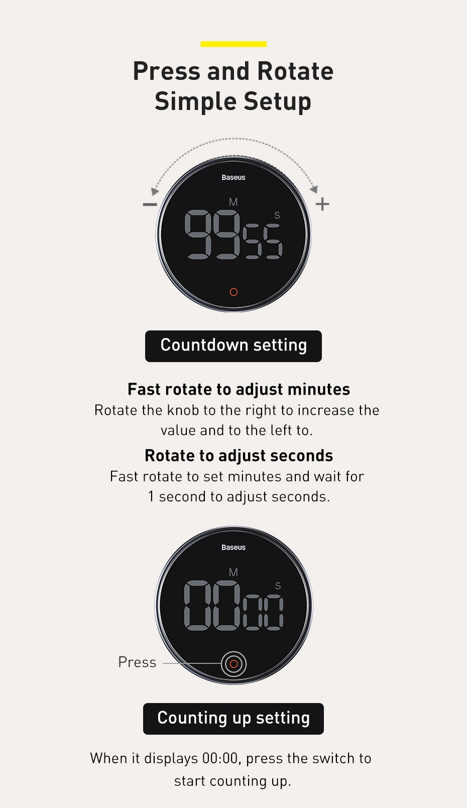 Baseus Countdown Alarm Clock Kitchen Timer Manual Digital