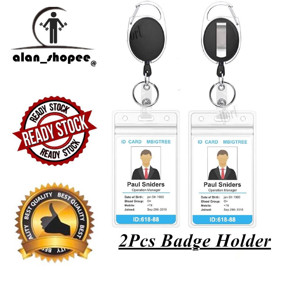 2 Pack Heavy Duty Retractable Badge Holders with Carabiner Reel Clip and  Vertical Style Clear ID Card Holders