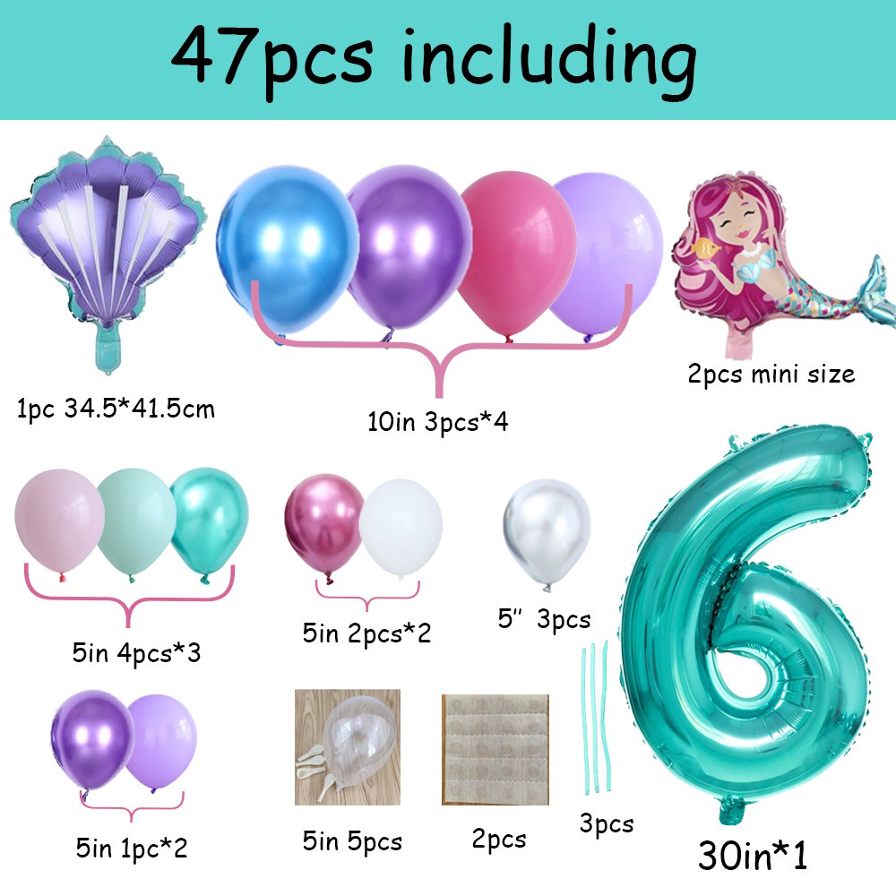 47pcs Mermaid Balloon Set BLUE digital foil ball 1 2 3 4 5 6 7 8 9year ...