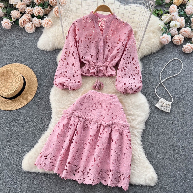 New Women Korean Fashion Two-piece Suit Summer Hollow Lantern Sleeve ...