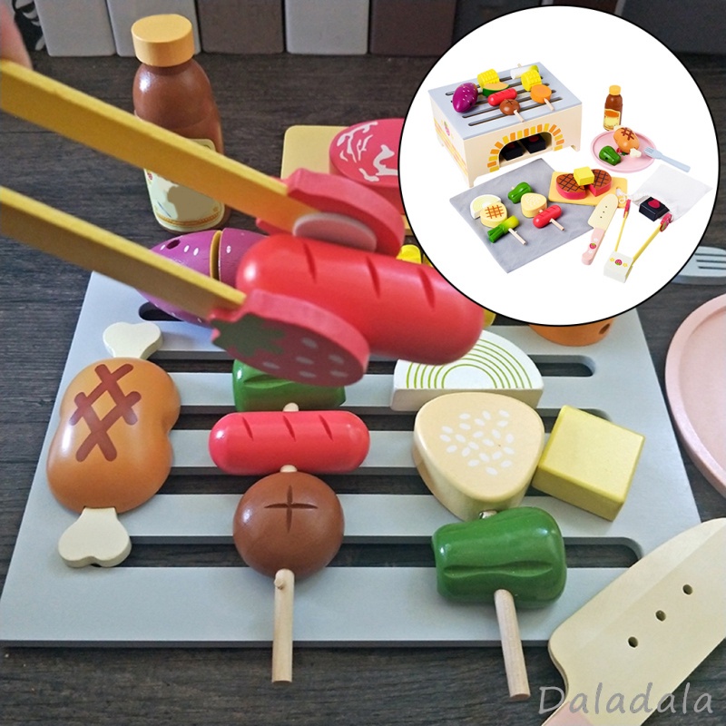 Kids Kitchen Playset Pretend Barbecue Grill Toy Wooden Play Kitchen for